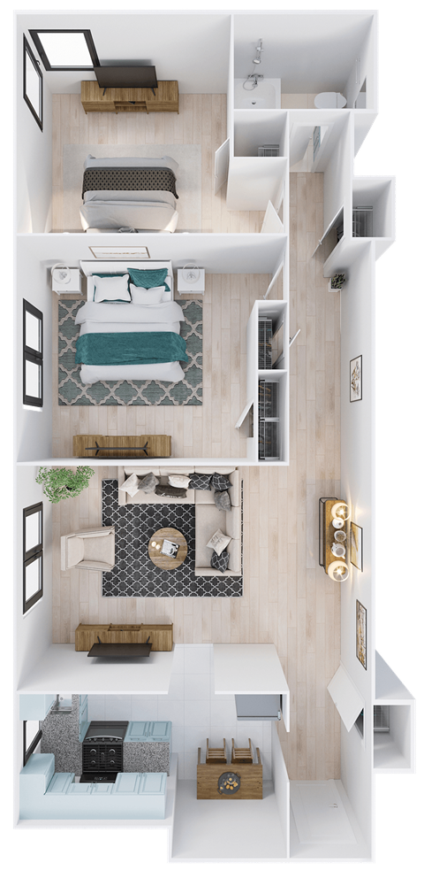 a floor plan of a bedroom with a bed and a desk